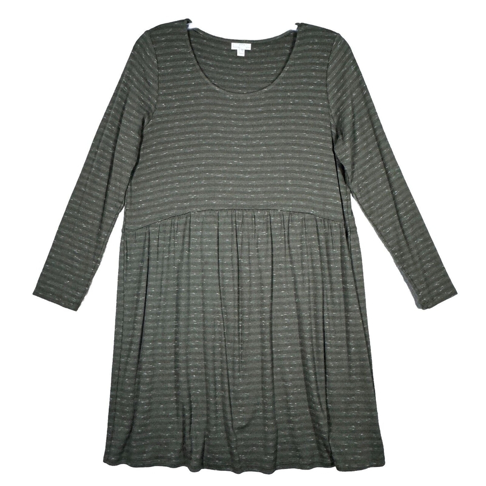 Women's Long Sleeve Striped Scoop Neck Dress - Olive Green